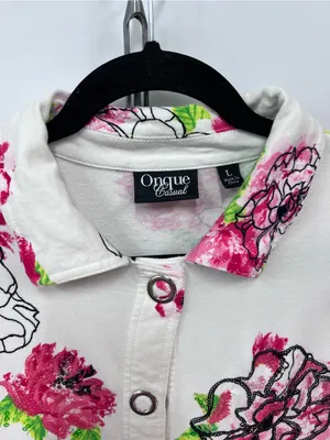 Floral sequin Button-Up Jacket White Pink & Green Flowers pockets L Stained thumbnail 11