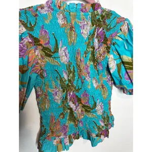 Love The Label Green Floral Ruffle Puff Short Sleeve Cotton Blouse Size XS thumbnail 9