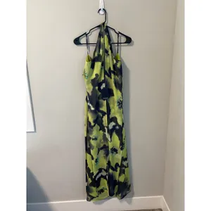 New Eloquii Halter Maxi Dress Chartreuse Black Watercolor Print Size 18 thumbnail 2