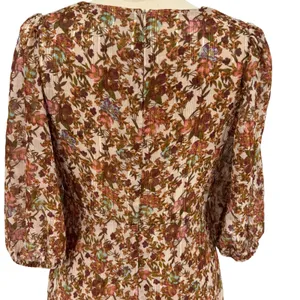 Taylor Floral High-Low Midi Dress‎ 8 Brown Gold Metallic Boho Puff Sleeve thumbnail 10