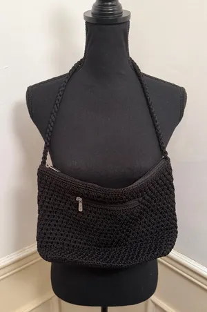 The Sak Original Black Tightweave Knit Shoulder Bag Purse Boho Minimalist Beach thumbnail 1