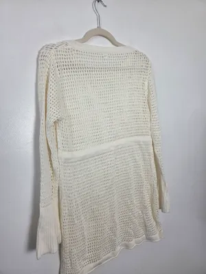 Ivory Cream Loose Knit Swim Cover Up Long Sleeve Sheer Cottagecore Beach Boho L thumbnail 12