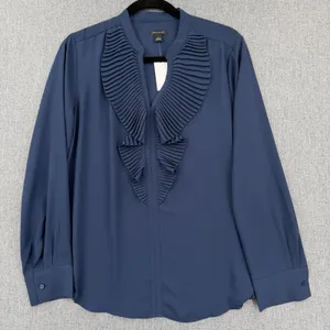Ann Taylor Womens Navy Blue Pleated Ruffle V-Neck Long Sleeve Blouse Size S NWT thumbnail 1