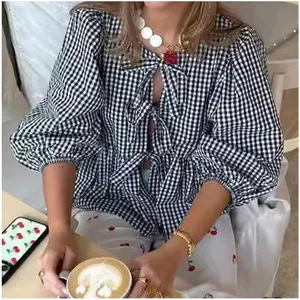 NEW~ Black Gingham Tie Front Top Babydoll Long Sleeve Peplum Babydoll Shirt L thumbnail 1