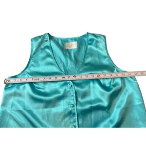 Aqua Blue Satin Feel Sleeveless Button Lace Top Shorts Pajama Set 1XLT thumbnail 8