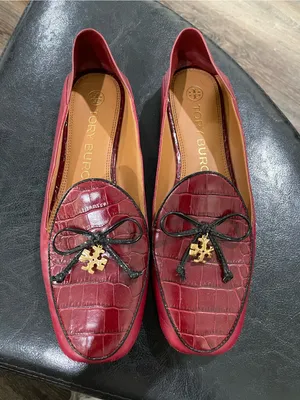 Tory Burch Red Croc Embossed Charm Trim Bow Loafers Mule Flats Size 7 thumbnail 2