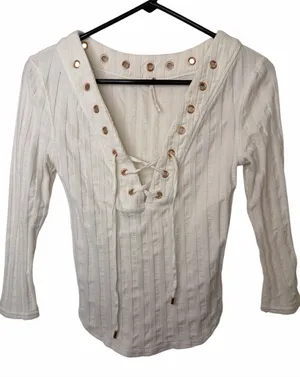 Free People Ice Cold Lace Up Ribbed Top Ivory White Copper Grommets Size S thumbnail 1