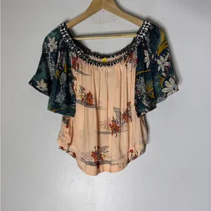 Free People “rockin‎ rochelle” crop blouse Short Sleeve Cream Blue XS thumbnail 2