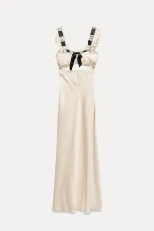 Zara dress lingerie style ivory black lace crochet ribbon tied satin effect maxi thumbnail 11