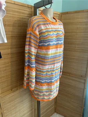 Unbranded colorful stripes open knit crotchet long sleeve sweater dress size M thumbnail 2