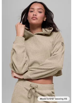 Alo Muse Hoodie Yoga Ribbed Sweatshirt Cropped Gravel Tan L thumbnail 1