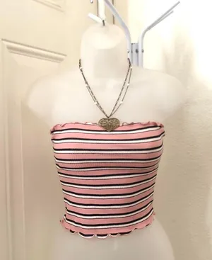 Y2K pink striped tube crop top shirt blouse Sz M Measurement in pics Necklace not included thumbnail 1
