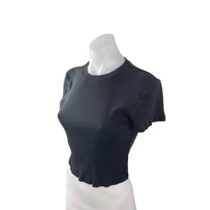 Aritzia TNA Women's Black Ribbed Knit Crew Sculpt Cropped T Shirt Tee Top Size L thumbnail 3