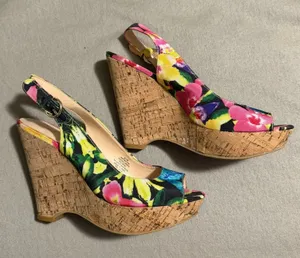 Nine West Massie Floral Cork Wedge Slingback Sandals Multicolor Peep Toe 6.5M thumbnail 1