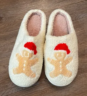 Gingerbread Cozy Santa Hat Slip on Slippers Size 7/7.5 Holiday thumbnail 1