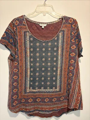 Lucky Brand Linen Blend Hi Low Short Sleeve Aztec Western Style Top Size XL thumbnail 1