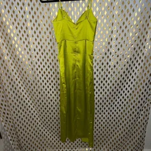 Forever 21 full length gown dress with slit neon green satin silk size XS thumbnail 5