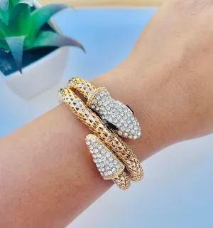 Rhinestones Head & Tail Gold Tone Snake Bracelet thumbnail 1