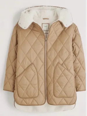 Abercrombie & Fitch Quilted Tan Puffer Jacket with White Sherpa Collar Sz Small thumbnail 1