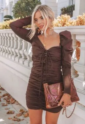 🔥5/$25 sale🔥 Zara Brown Long Sleeve Puff Sleeve ruched Body con Dress Size S thumbnail 1