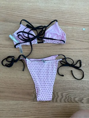Frankie’s bikinis Pink Polka Dot Tie-Bikini with Black Trim thumbnail 3