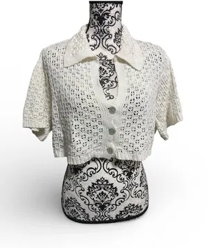 Milio Milano White Crochet Short Sleeves Button-Down Sweater Sz-M/L thumbnail 1