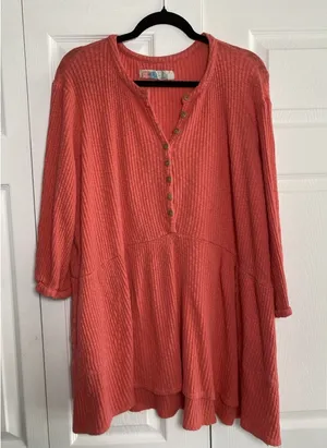 Free People FP Beach Henley‎ Mini Dress Womens Size S Coral Waffle Knit Boho thumbnail 1