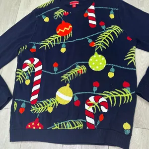Ugly Christmas sweater holiday knit navy ornament candy cane crew‎ neck size L thumbnail 1
