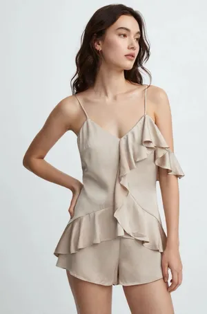 Dress Forum Beige Satin Ruffle Romper One Shoulder Flowy Chic Small thumbnail 1