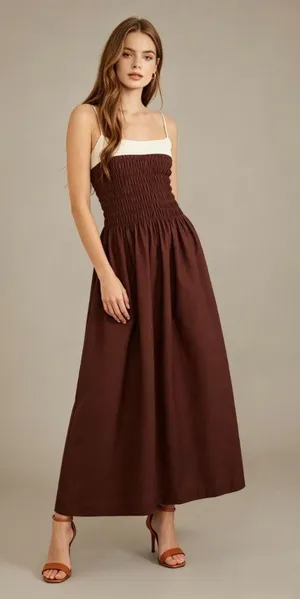 NWT Farm Rio Cotton Sleeveless Midi Dress Brown and Ivory Sz L thumbnail 1