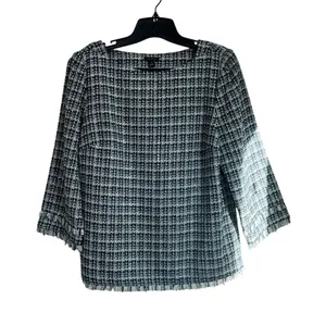 Ann Taylor Blue White Tweed Top Fringe‎ Trim Textured Blouse Chic Size 8 thumbnail 1