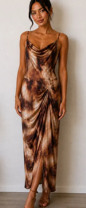 SheIn Brown Tie-Dye Cowl Neck Ruched Maxi Dress thumbnail 1