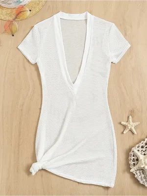 Womens Size Small Crochet Cover Up Beach Dress Short Sleeve V-Neck White Stretch thumbnail 3