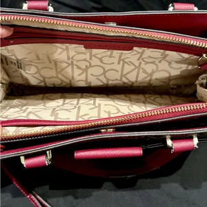 Calvin Klein Monogram Satchel in Brown and Red with gold accents thumbnail 3