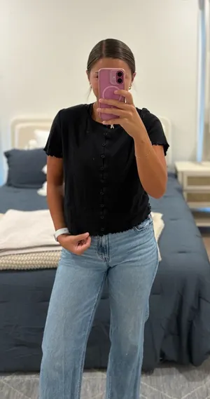 J. Crew Black Short Sleeve Button-Front Top 100%Cotton Size Medium thumbnail 1