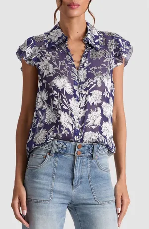 Alice + Olivia Layered Ruffle Sleeve Shirt Blouse Navy Blue Floral Silk Small thumbnail 1