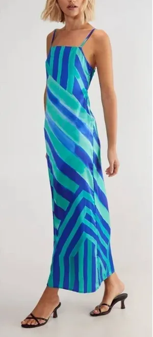 Nasty Gal Satin‎ Maxi Dress Size 2 Blue Green Stripe Abstract Tie Back thumbnail 1