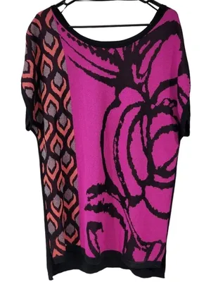 Worthington Womens Top Size L Pink Black Geometric Knit Short Sleeve‎ thumbnail 1