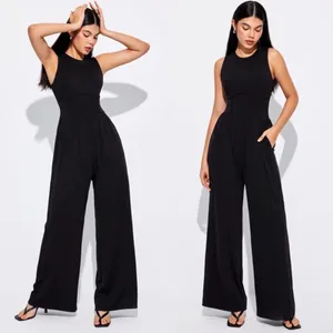 CIDER Solid Wide Leg Corset Rib Jumpsuit Black Minimalist Chic Vibe Size Large thumbnail 2