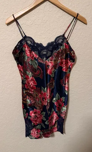 Victoria's Secret Vintage Floral Lace-Trim Navy Satin Cami gown thumbnail 1