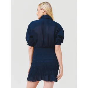 FRAME Smocked Ramie Mini Dress Navy Blue Puff Sleeve thumbnail 2