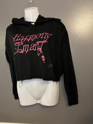 Harmony Emani Hoodie Womens Small Black Cropped Distressed Streetwear Graphic thumbnail 4