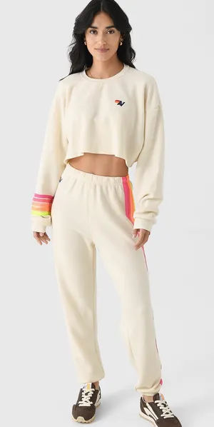Aviator Nation Vintage White Set Neon 5 Stripe Rugby Sweatshirt and Sweatpants thumbnail 1