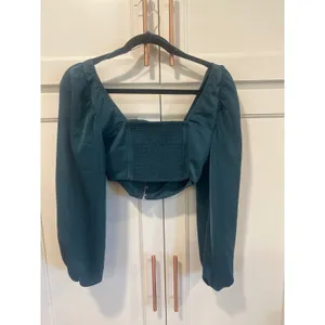 Urban Outfitters Teal Corset Puff Sleeve Crop Top Square Neck Hook Eye XS fairy thumbnail 5