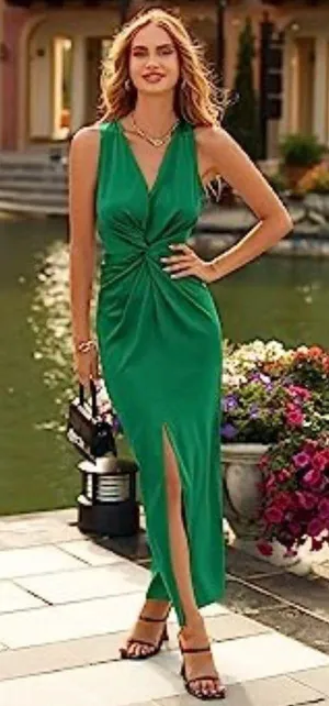 Green V Neck Ruched Maxi Twist Front Dress thumbnail 1