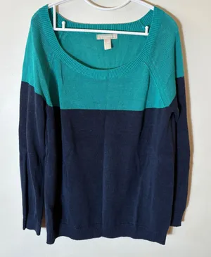Banana Republic Colorblock Sweater Teal Navy Long Sleeve‎ Knit Top Large thumbnail 1