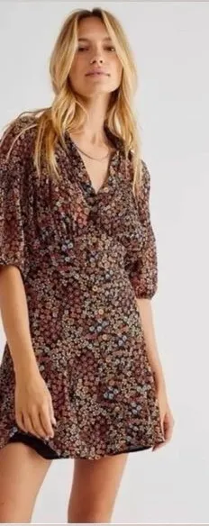 Free People Bonnie Mini Dress Size Large Floral Boho Dusk Combo thumbnail 1