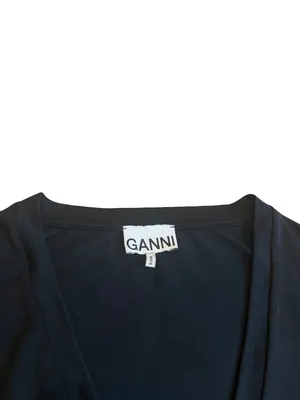 Ganni Software Black Deep V Neck Long Sleeve Fitted Bodysuit Scoop Large Women's thumbnail 2