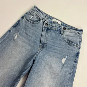 Risen High Rise Crossover Straight Leg Distressed Jeans Light Wash Size 7/28 thumbnail 2