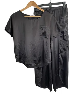 BB Dakota Black Satin Short-Sleeve Pajama Set with Drawstring Pants Size Small thumbnail 1